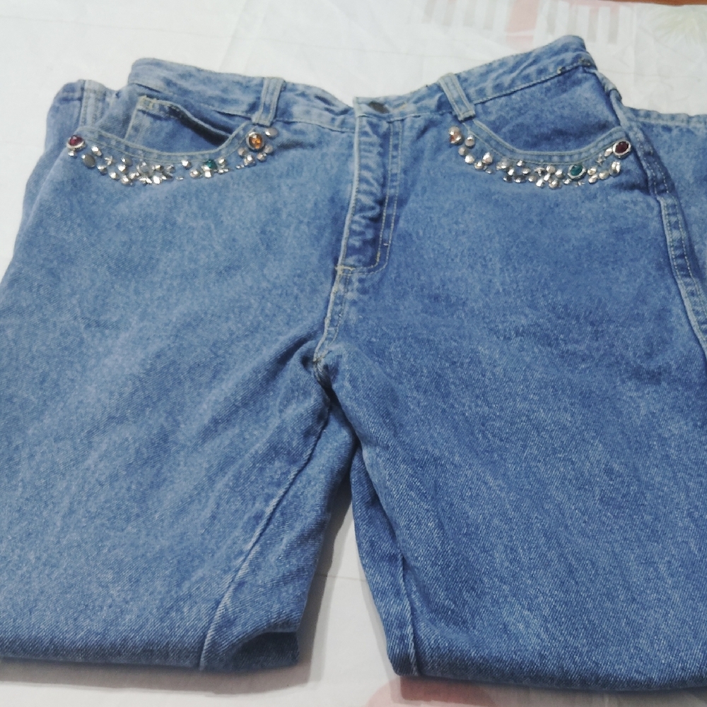 Elegant Embellished Blue Straight Leg Jeans
